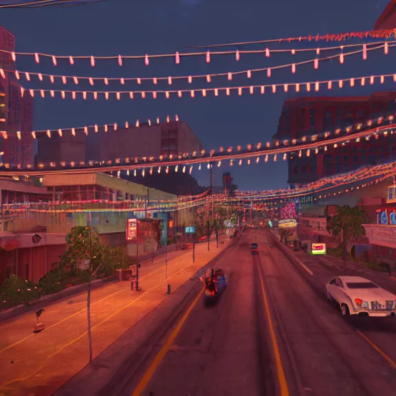 Image similar to Downtown Mexico, string lights, colorful lighting, night, realism, gta 5 screenshot, by Tooth Wu, by Lienzo Óleo Paisaje, by Greg Rutkowski