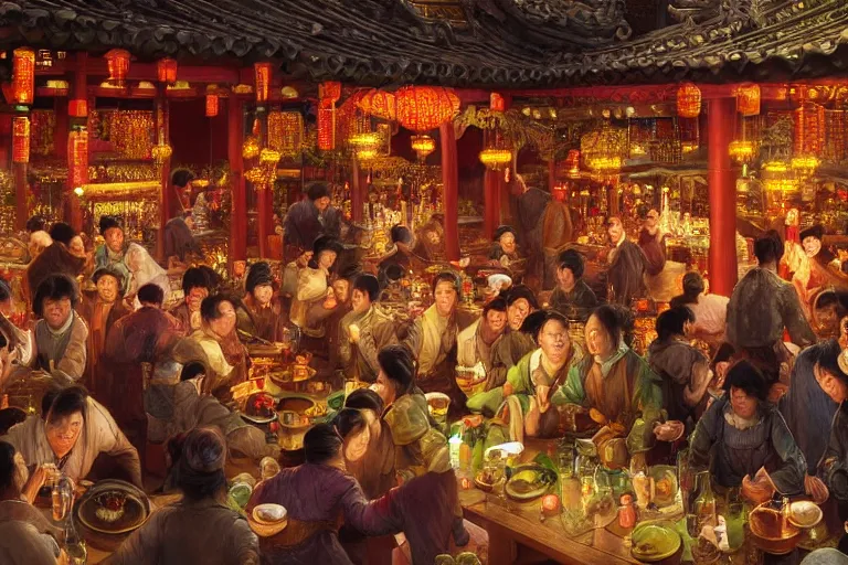 Prompt: fantasy art of a bustling tavern in china, at night, by james c christensen, highly detailed digital art, trending on artstation