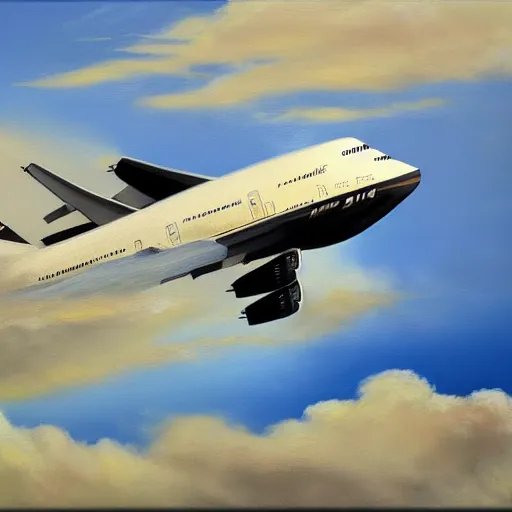 Prompt: boeing 7 4 7 in the clouds, oil painting, realistic, very detailed, 4 k