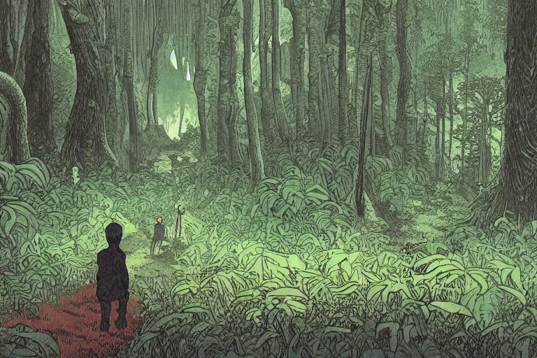 Prompt: a young boy entering a huge mysterious and fantastic forest with a cthulhu monster in a distant clearing, large path, mushrooms, lush exotic vegetation, very graphic illustration by jean giraud, drawing, yoshitaka amano and mike mignola vibe, clean line, colorful comics style, dynamic light