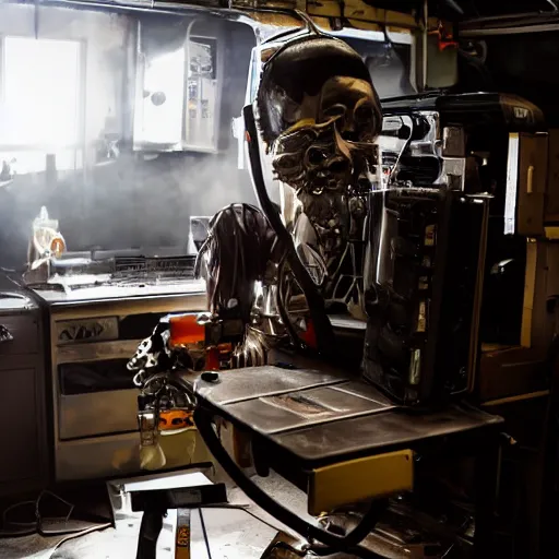 Image similar to technician repairing head of toaster oven mecha, dark messy smoke - filled cluttered workshop, dark, dramatic lighting, orange tint, cinematic, highly detailed, sci - fi, futuristic, movie still