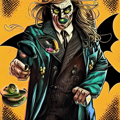 Prompt: two face with long hair, batman villian. Artwork by Dan Mumford