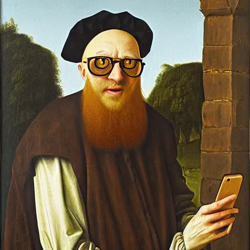 Prompt: jan van eyck style oil painting of slim tall bald man with sunglasses and a beard wearing a t - shirt. he is holding his phone and laughing at it in front of him