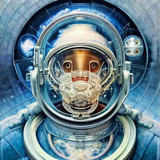 Prompt: realistic extremely detailed photo style portrait painting of a complete astronaut suit with lion head with exposed diamond 3d fractal lace iridescent bubble 3d skin clear brain , retro futuristic ,water , style hybrid mix of beeple,Anton Pieck,Jean Delville, Amano,Yves Tanguy, Alphonse Mucha, Ernst Haeckel, Edward Robert Hughes,Stanisław Szukalski , rich moody colors,diamond dust glitter and sparkles, holographic krypton ion,blue eyes,octane render,4k,f32