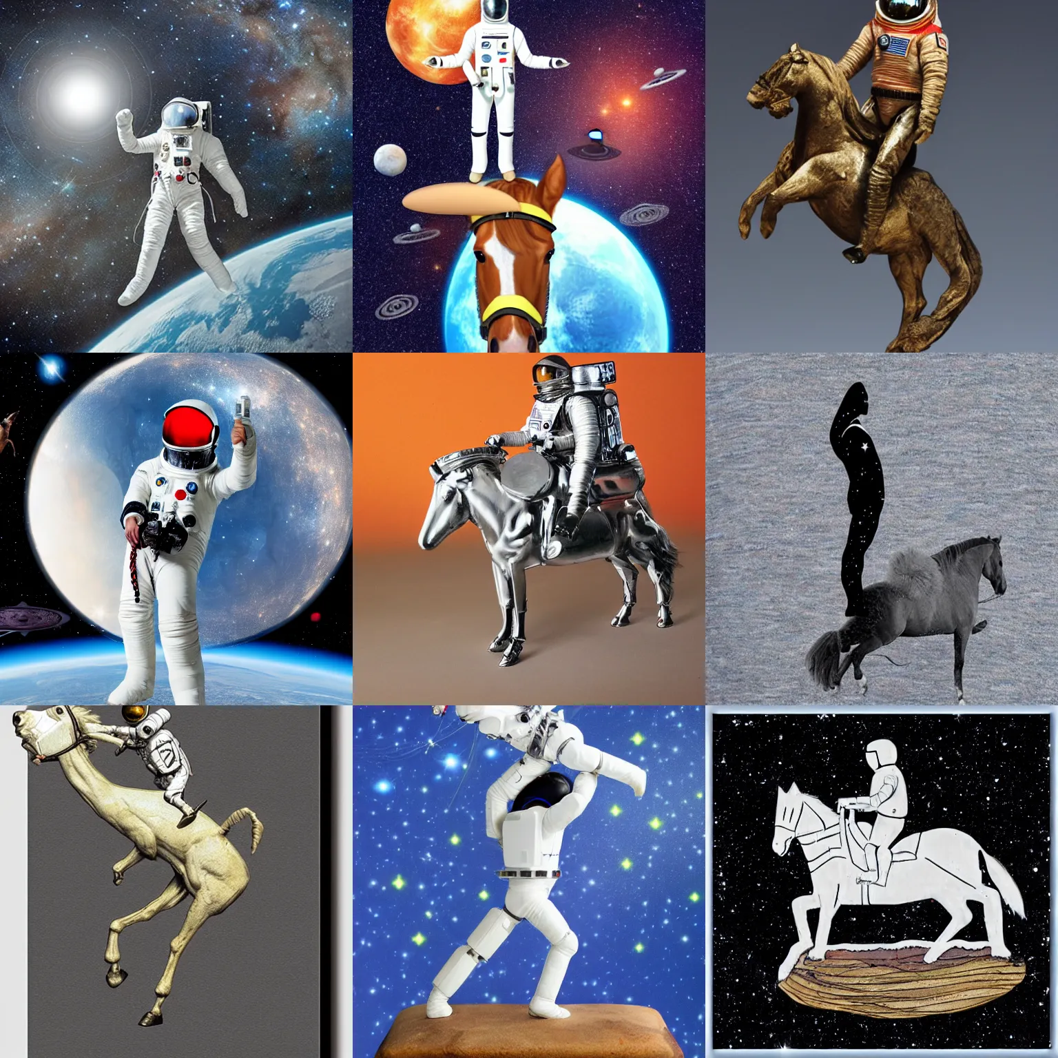 Prompt: space man with horse on spine