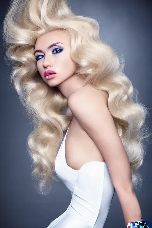 Prompt: Blonde woman with Hollywood wave hairstyle in rave dress, dynamic pose, many details, photo for a magazine, photo for a store, fashion photography, Vogue, cinematic, hyper realism, high detail, 8k, very coherent symmetrical work, perfect face model, full length photo, Upper and lower body, white skin tone, white eyes, photographer style by Nik Night Erik Madigan Hec and Walter Chin and Camilla Akrans and Miles Aldridge