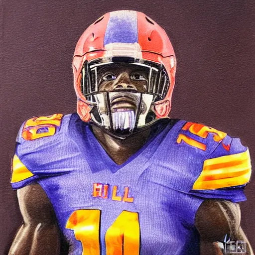 Prompt: portrait of tyreek hill, determined, great detail, looking to the sky, superbowl
