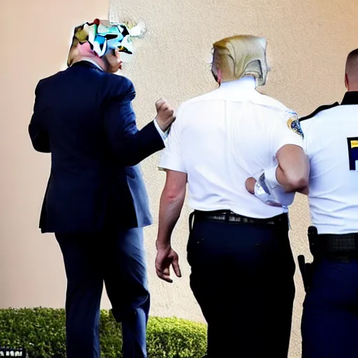 Image similar to Donald Trump in handcuffs escorted by two FBI agents at Mar-a-lago, photo, low angle