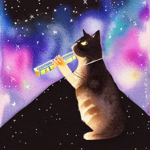 Prompt: pastel watercolor cute portrait of a cat playing the harmonica under the stars