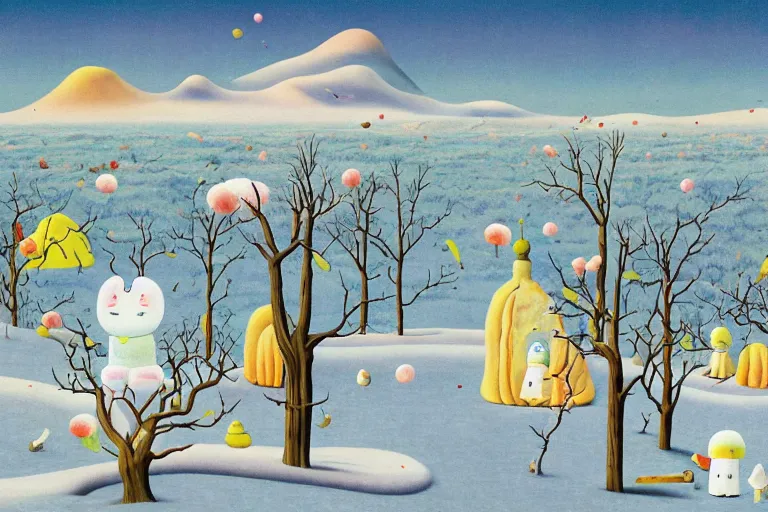 Image similar to A barren surreal winter landscape by Chiho Aoshima and Salvador Dali