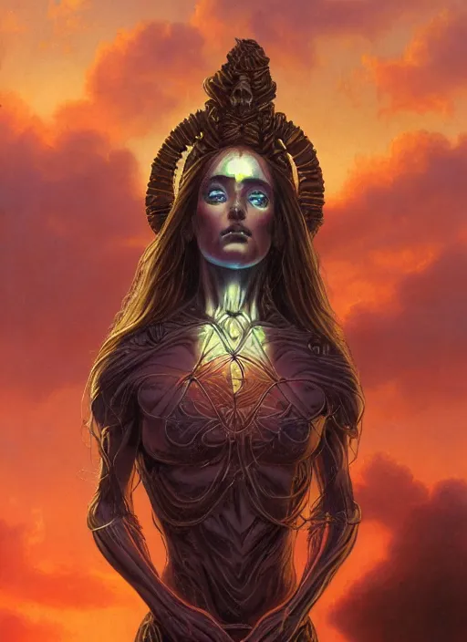 Image similar to biblical beautiful female android, shiva, glowing veins, in clouds, sunset, portrait, by gerald brom, by peter elson, muted colors, extreme detail, reflections, trending on artstation, 8 k