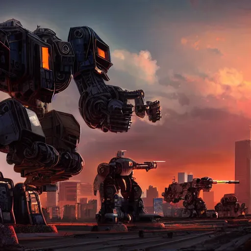 Image similar to Urbanmech defending city at sunset, battletech, mechwarrior, hyperrealistic, photorealistic, ultra hd, rendered in Unreal engine, artstation, digital illustration, highly detailed, intricate, award-winning, 4k, beautiful colors, cinematic lighting