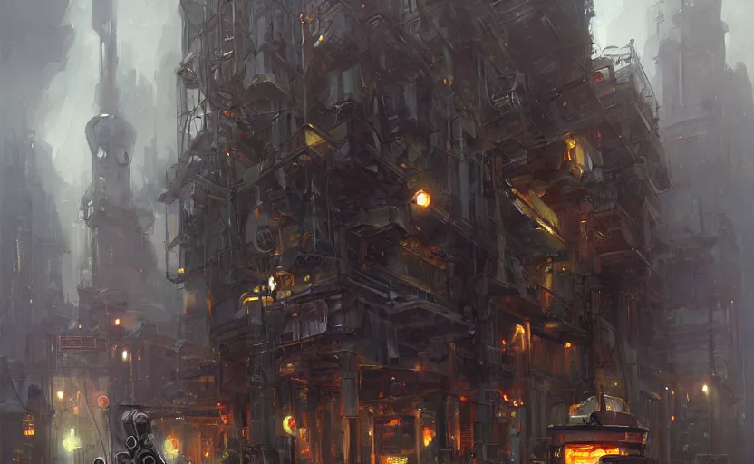 Image similar to Alchemy mech robot gloomy city. By Konstantin Razumov, highly detailded