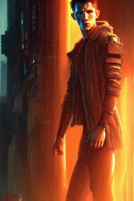 Prompt: character portrait cyberpunk blade runner 2 0 4 9 tom holland, character design, painting by gaston bussiere, katsuya terada, frank frazetta, tom of finland, trending on artstation