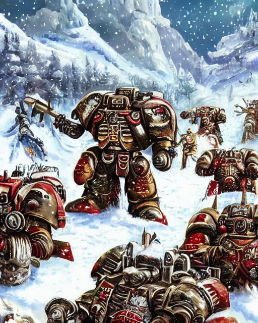 Image similar to postcard showing 'realistic warhammer space marines frollicking in the snow at christmas' laying on coffee table, zoomed out, HD, iphone capture