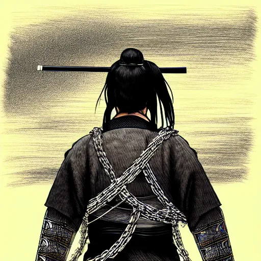 Image similar to a portrait from behind of a samurai man vagabond, the samurai is wrapped in chains, detailed, illustration, concept art, ink style, sketch