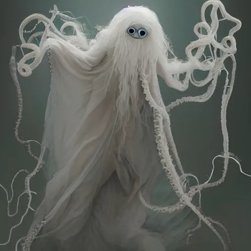 Image similar to an ethereal dream like fantasy fluffy ghost like spooky live action muppet wraith like figure with a squid like parasite latched as its head and four long tentacles for arms that flow gracefully at its sides like a cloak while it floats around a frozen rocky tundra in the snow searching for lost souls and that hides amongst the shadows in the trees, this character has hydrokinesis and electrokinesis is a real muppet by sesame street, photo realistic, real, realistic, felt, stopmotion, photography, sesame street