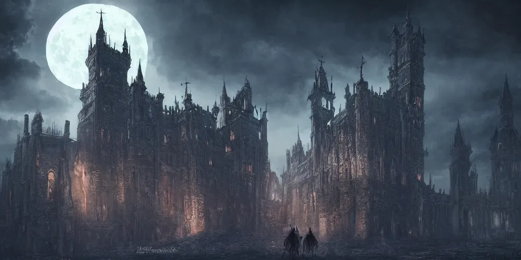 Image similar to huge castle from bloodborne, gothic art, dark fantasy, concept art, digital painting, trending on art station, night time render, moon light, god rays, highly detailed