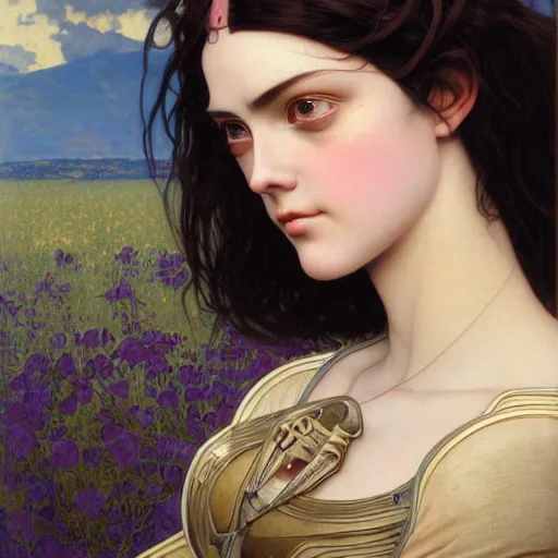 Image similar to Masterpiece head and shoulder portrait of battle angel Alita drawn by Donato Giancola and Tom Bagshaw, face by Artgerm and Edmund Leighton, Alphonse Mucha, background by James Jean and Gustav Klimt, 4k, porcelain skin, komorebi, french nouveau, trending on pixiv, octane render, hyperrealistic