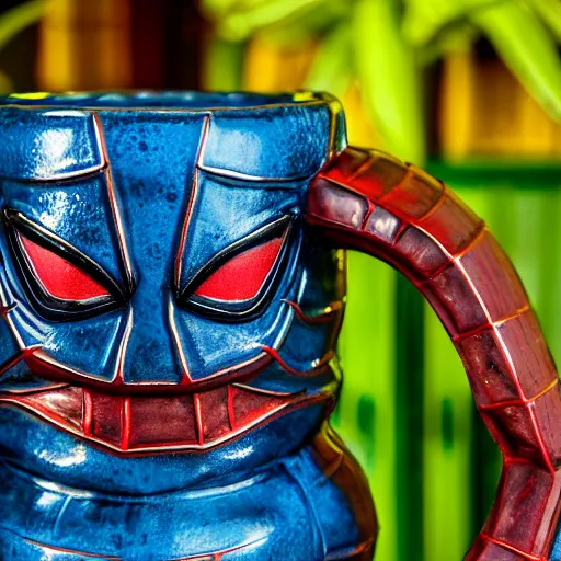 Image similar to a closeup photorealistic capture of glossy spider man style tiki mug at an outdoor trader vic's bar featuring the face of spider man. tiki theme. bright scene. fine detail. this 4 k hd image is trending on artstation, featured on behance, well - rendered, extra crisp, features intricate detail, epic composition and the style of unreal engine.