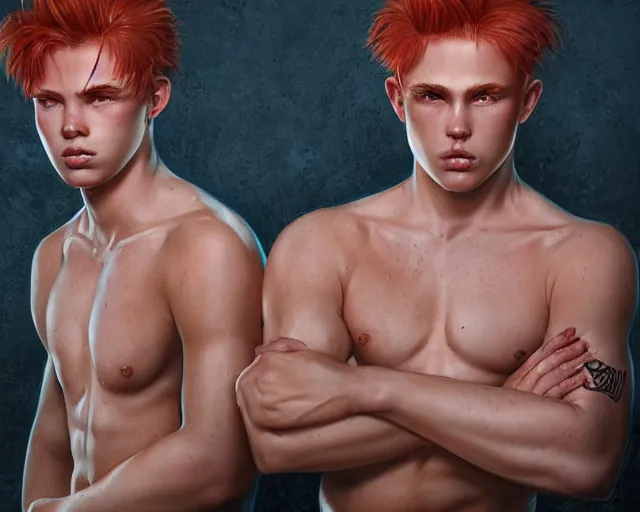 Image similar to portrait stocky of 1 9 - year - old male twins with red hair and freckles, two male, wearing shirts,, hyper realistic face, beautiful eyes, character art, art by mark brooks, hyperdetailed, cryengine, trending on artstation, digital art