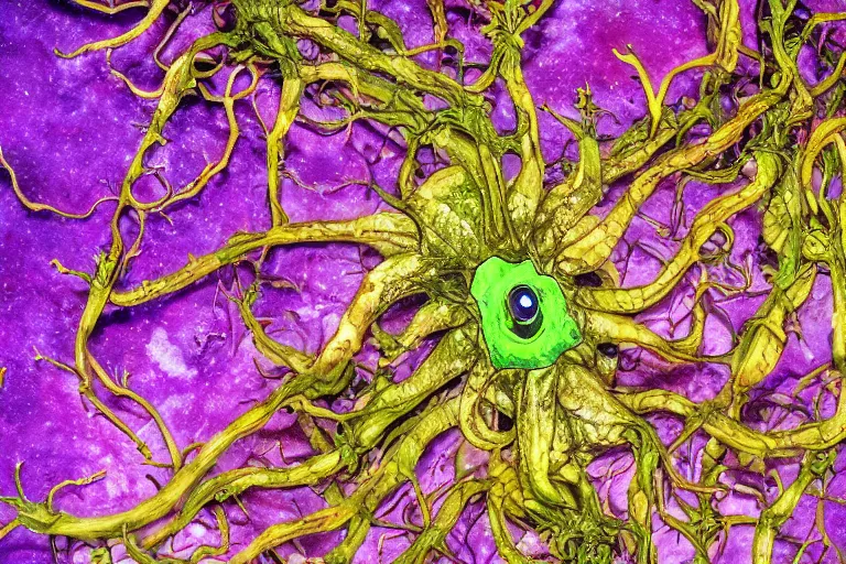 Image similar to a complex, elaborate organism with six limbs and trilateral symmetry that occupies a fungus rich low gravity alien landscape with violet accented chemosynthetic flora, organic details, vivid lighting with cold colors, photorealistic graphical 3 5 mm lens