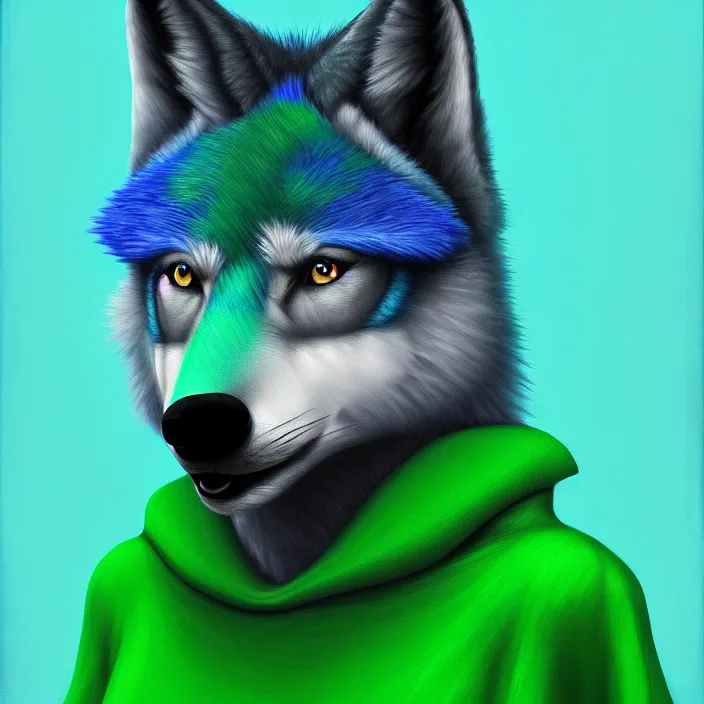 Image similar to a digital painting of a blue anthropomorphic female wolf fursona wearing a green dress, symmetry, focus, furry art, soft lighting, oil on canvas, hyper detailed