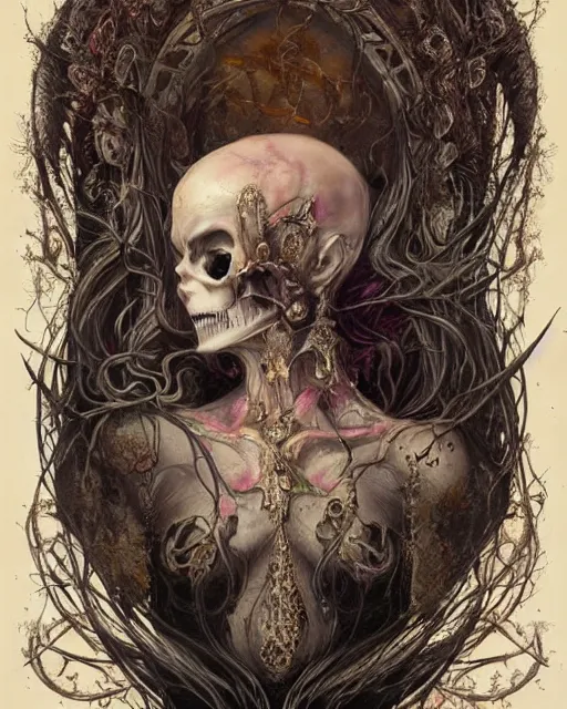 Image similar to perfectly centered portrait front view of a angry dead rotten beautiful female skull growing ornamentation all around, ornate, detailed, symmetrical, elegant, beautifully soft lit, by wayne barlowe, peter mohrbacher, kelly mckernan