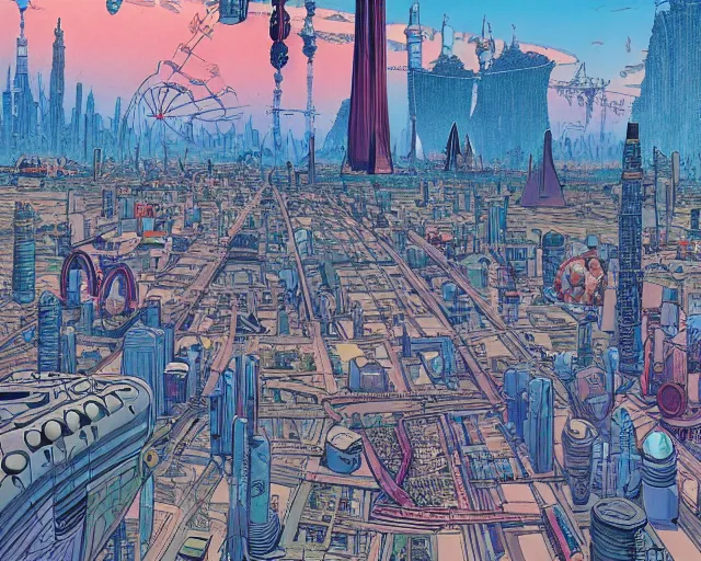 Image similar to atompunk / decopunk city in the style of jean giraud in the style of moebius trending on artstation deviantart pinterest detailed realistic hd 8 k high resolution