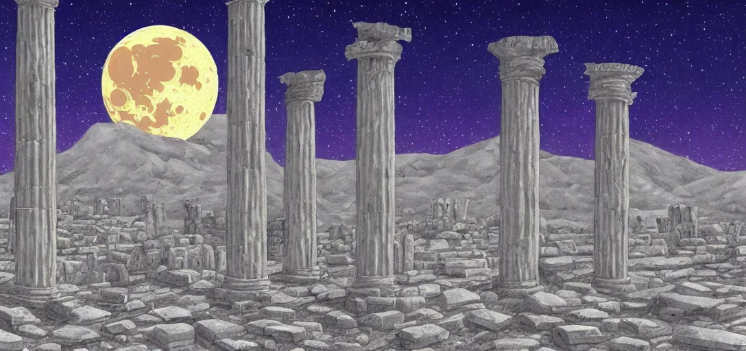 Image similar to The ruins of the Silver Millennium on the moon from Sailor Moon, digital painting, Earth in the distance, Greek-esque columns and ruins