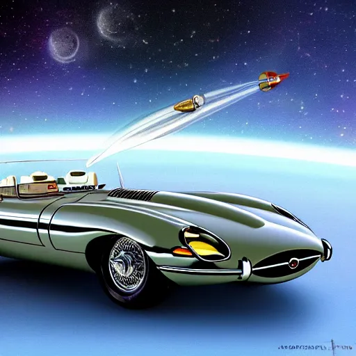 Image similar to a retro sci fi wallpaper of a jaguar e - type series 1 roadster flying in space, realistic, outer space only