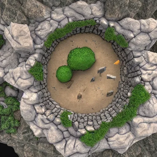 Prompt: top down view of a section of a cave, in the style of a video game