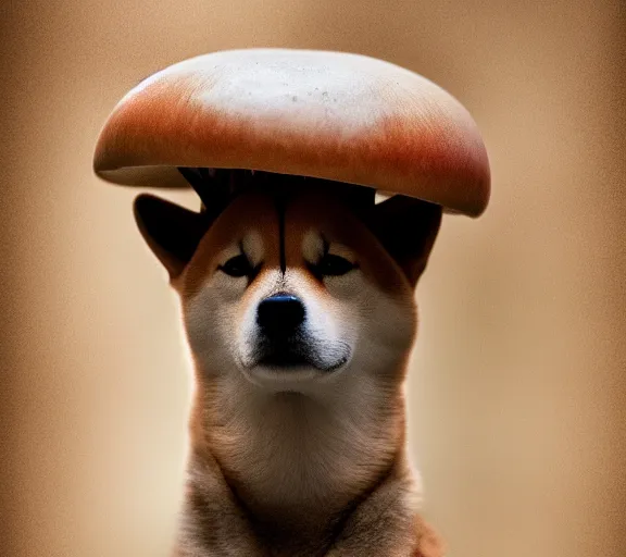 Prompt: a portrait of shiba inu with a mushroom cap growing on its head by luis royo. intricate. lifelike. soft light. sony a 7 r iv 5 5 mm. cinematic post - processing