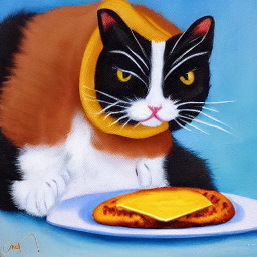 Image similar to A cute cat eating a Venezuelan arepa in the sun, detailed oil painting 4k