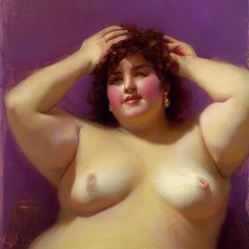 Image similar to a woman in a purple shirt with a chubby body type, painting by Gaston Bussiere, Craig Mullins