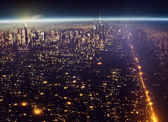 Image similar to film still of the moon shattering into pieces over manhatten in the new disaster movie, 8 k, night time