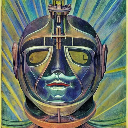 Image similar to the robot in her mechanical mask, by annie swynnerton and diego rivera and leo and diane dillon and and kit williams, symbolist, dramatic lighting, elaborate geometric ornament, art brut, god rays, soft cool colors, smooth, sharp focus, extremely detailed, adolf wolfli