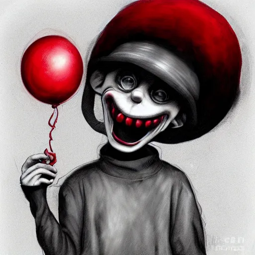 Image similar to surrealism grunge cartoon portrait sketch of billie eilish the mushroom man with a wide smile and a red balloon by - michael karcz, loony toons style, pennywise style, horror theme, detailed, elegant, intricate