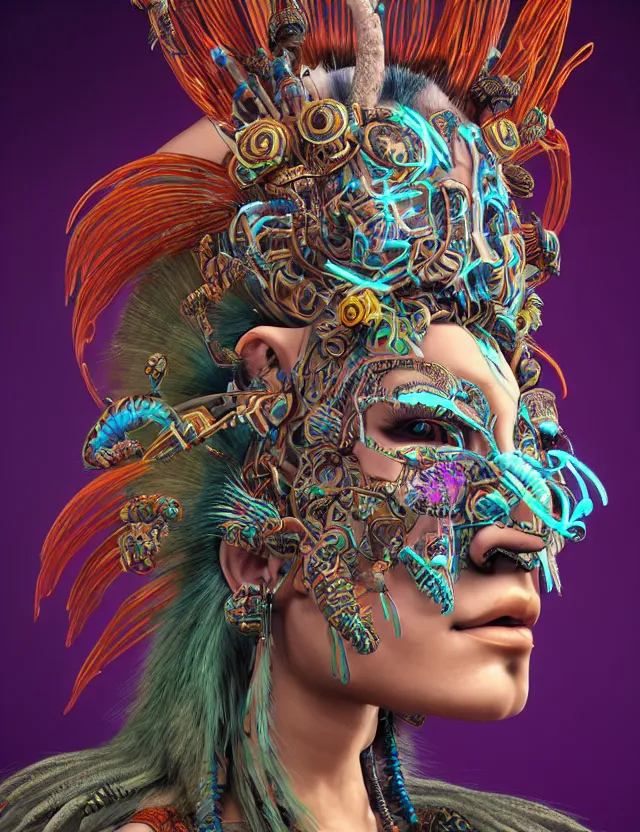 Image similar to 3 d goddess close - up profile portrait amazonian punk with mohawk with ayahuasca skull. beautiful intricately detailed ayahuasca kitsune mask and sacred amazon shaman kimono. bio - luminescent jellyfish phoenix puma, plasma, ice, water, wind, creature, artwork by tooth wu and wlop and beeple and greg rutkowski