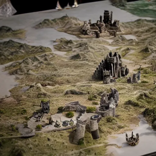 Prompt: a award winning closeup photo of a stopmotion animation filming set of game of thrones entire map