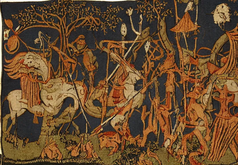 Prompt: a medieval tapestry of a tarnished fighting the elden beast from elden ring