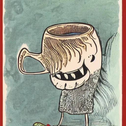 Image similar to highly detailed illustration of a monster smiling and dancing around a beautiful steaming cup of coffee, style of Japanese illustration, Maurice Sendak, Tove Jansson