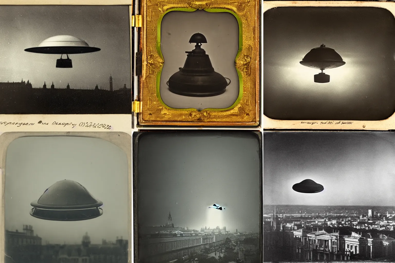 Prompt: daguerreotype photography of a ufo over london