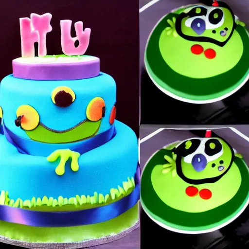 Image similar to a frog with a birthday cake, in the style of a cartoon