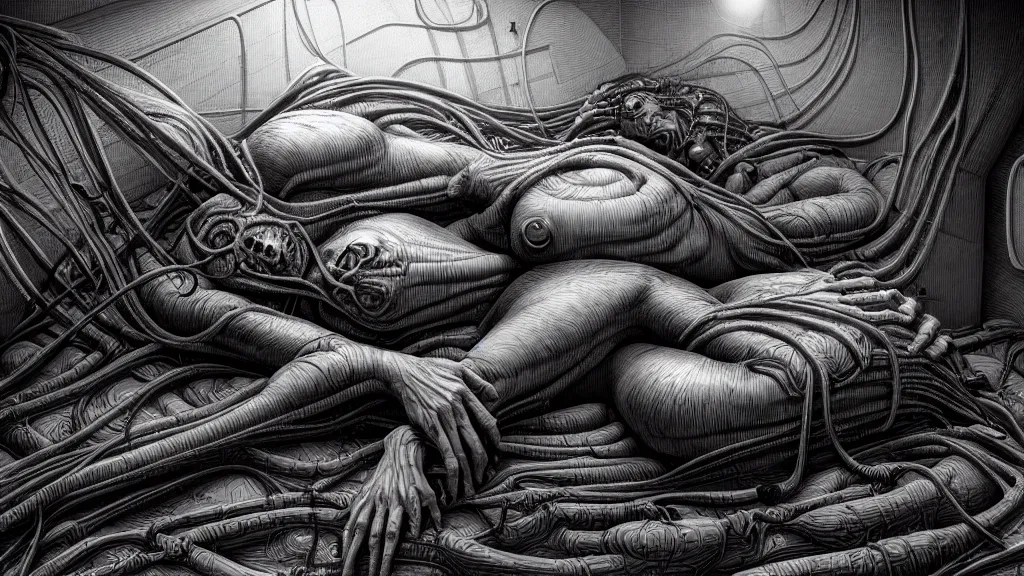 Prompt: comfortable bed that makes me want to sleep, hyperdetailed, artstation, cgsociety, nightmare fuel, style of Giger, H. R. GIGER, style of Junji Ito, 4K, highly detailed, minimalistic, minimalistic, minimalistic, fine tuned, machina