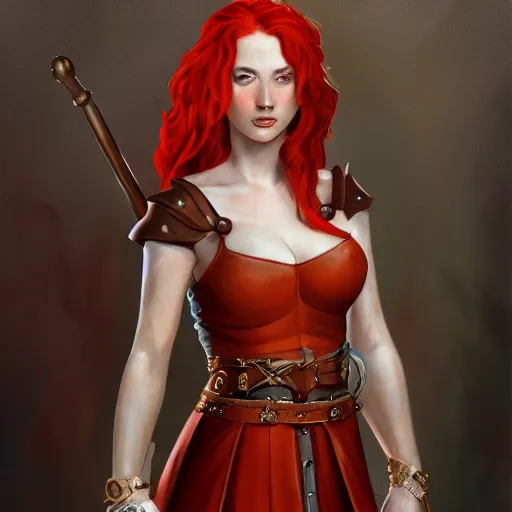 Image similar to portrait of a beautiful young women with red hair and freckles, slight smile, renaissance colorful dress, leather armor, digital painting by Michael Whelan, dnd illustration, trending on Artstation, sfw