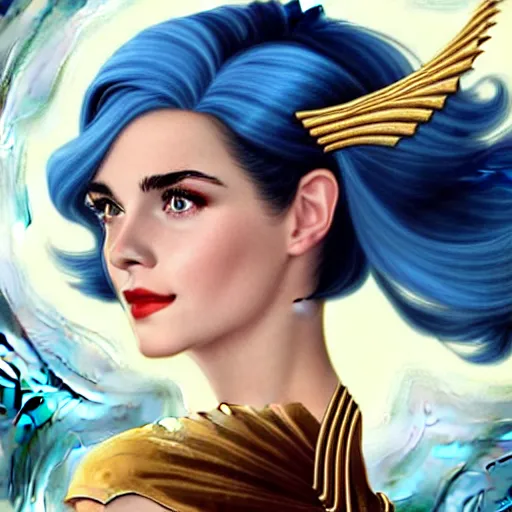 Image similar to A combination of Grace Kelly's and Emma Watson's and Katherine McNamara's faces with blue hair as She-Ra, western, D&D, fantasy, intricate, elegant, highly detailed, digital painting, artstation, concept art, matte, sharp focus, illustration, art by Artgerm and Greg Rutkowski and Alphonse Mucha