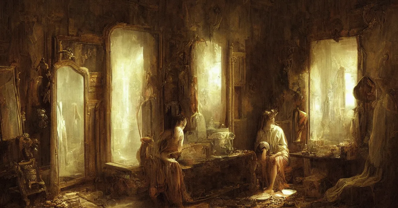 Prompt: secret world behind mirror with very deep stillness atmosphere, dimension of still moment, spiritual style, digital art, by augustus edwin mulready