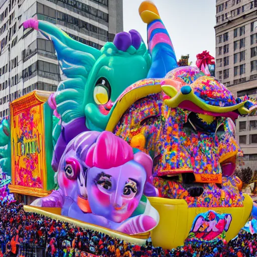 Prompt: photo of giant lisa frank bosch style parade float in the macys thanksgiving parade, detailed 4 k photo
