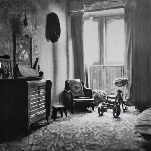 Prompt: A darkened kitsch-filled dusty parlor brightened and warmed by the morning sun, a small tattered Persian rug is on the floor, a little child\'s tricycle is parked in the corner of the room, cinematic, vignette, ultrarealistic, photograph